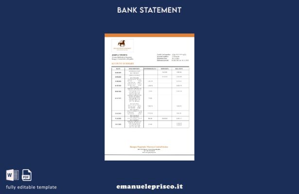 modello di estratto conto bancario della Repubblica Centrafricana Banque Populai